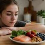 Adolescente con acné mirando un plato de comida saludable