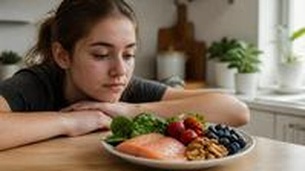 Adolescente con acné mirando un plato de comida saludable