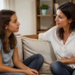 Madre hablando con su hija adolescente sobre pornografía en casa