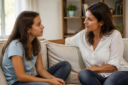 Madre hablando con su hija adolescente sobre pornografía en casa