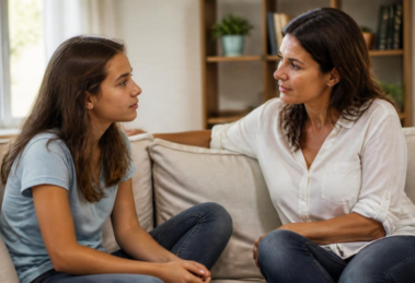 Madre hablando con su hija adolescente sobre pornografía en casa