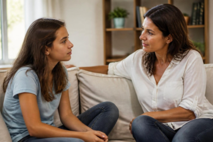 Madre hablando con su hija adolescente sobre pornografía en casa