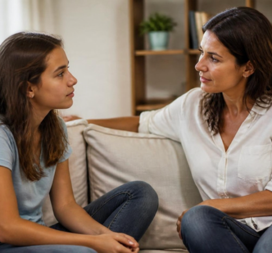 Madre hablando con su hija adolescente sobre pornografía en casa