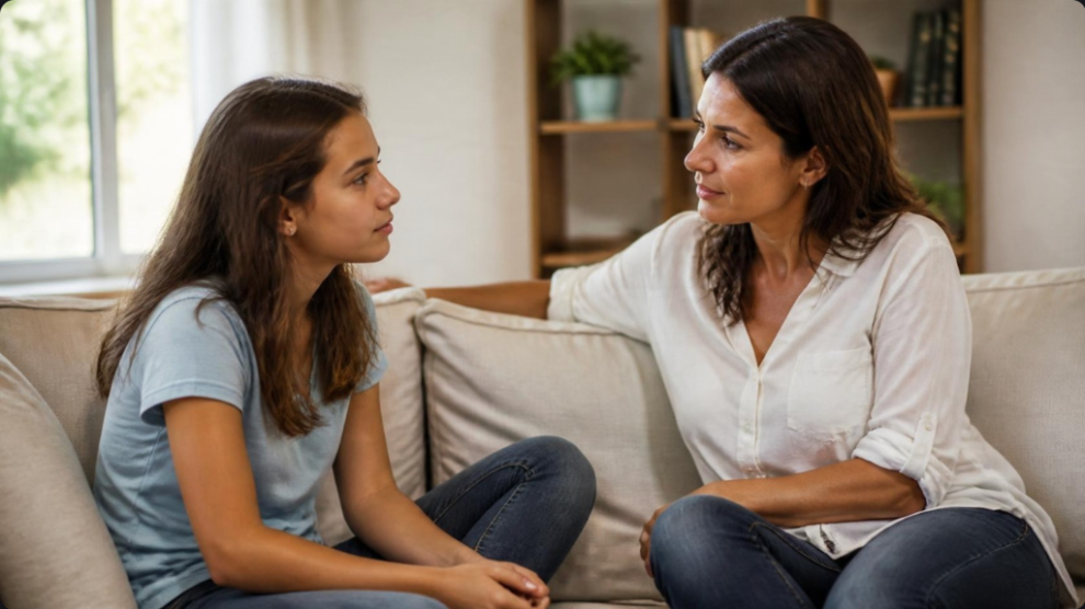 Madre hablando con su hija adolescente sobre pornografía en casa