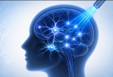 Ilustración de optogenética: neuronas activadas con luz azul en el cerebro, en referencia al Premio Nobel de Medicina 2026