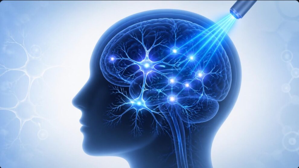 Ilustración de optogenética: neuronas activadas con luz azul en el cerebro, en referencia al Premio Nobel de Medicina 2026