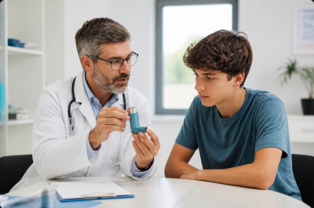 Pediatra explicando a un adolescente la técnica correcta de uso del inhalador
